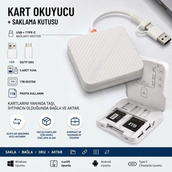 BUFFER® USB ve Type-C Uyumlu Çok Fonksiyonlu SD TF Kart Okuyucu, USB 3.0 5Gbps Yüksek Hızlı Veri Aktarım Adaptörü ve Kart Saklama Kutusu