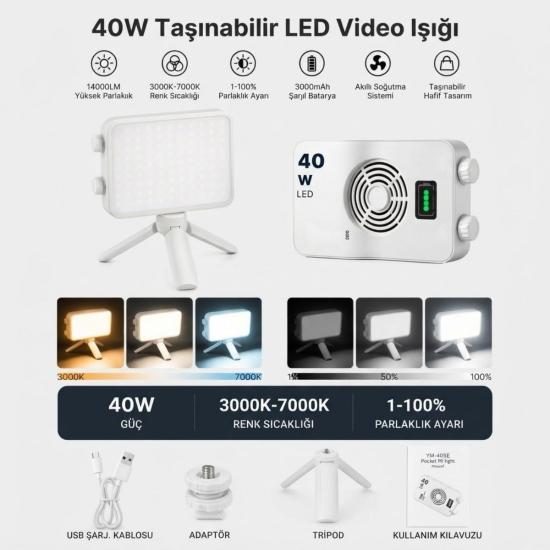 BUFFER® 40W Taşınabilir LED Video Işığı, CRI 95+ 3000-7000K Ayarlanabilir Kamera ve Fotoğraf Işığı, 3000mAh Şarjlı Tripodlu Dolgu Lambası