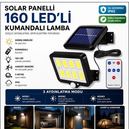 BUFFER® 160 LED Solar Bahçe Aydınlatması, 6’lı Güneş Panelli LED Lamba, 5 Metre Kablolu ve Kumandalı