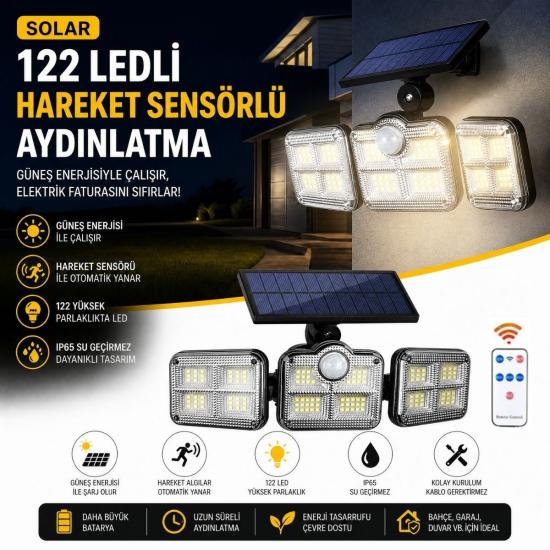 BUFFER® 3’lü 122 LEDLİ Güneş Enerjili Hareket Sensörlü Aydınlatma, Dış Mekan Duvar ve Bahçe Lambası Solar LED