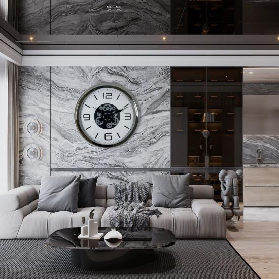 Krom Modern 60 Cm Çarklı Duvar Saati