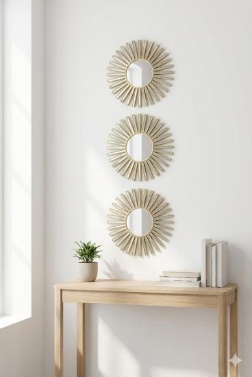 3’lü Gold Güneş Desenli Duvar Aynası Seti 25 cm | Dekoratif Yuvarlak Ayna