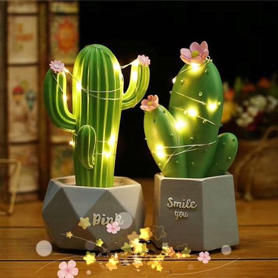 BUFFER® Led Işıklı Sevimli Kaktüs Dekoratif Masa Lambası Mini Biblo Gece Lambası Yeşil