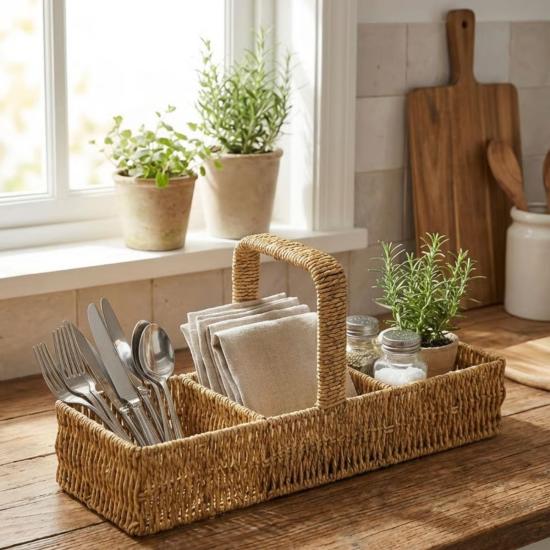 BUFFER® 3 Bölmeli Plastik Rattan Düzenleyici–Saplı Masaüstü Organizer, Mutfak Kaşık Çatal Sepeti, Banyo & Ofis Çok Amaçlı Sunum Standı