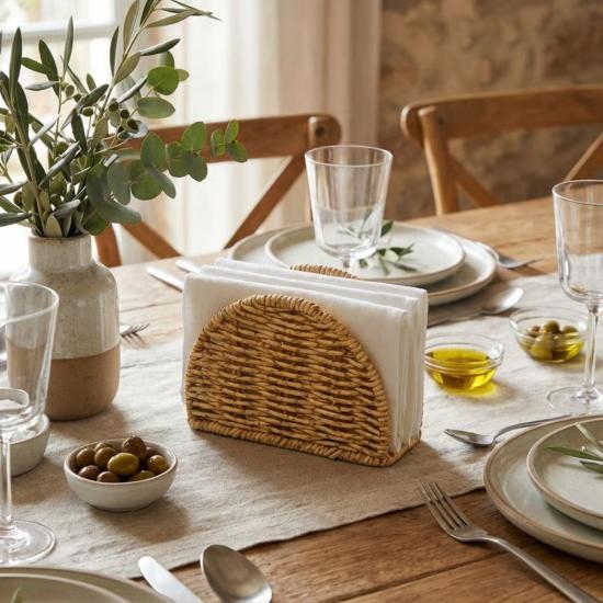 BUFFER® Dekoratif Plastik Rattan Yarım Yuvarlak Peçetelik–Doğal Hasır Dokulu Masaüstü Peçete Standı