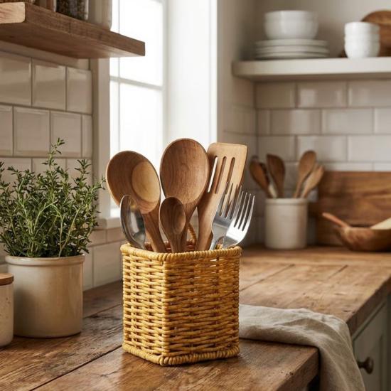 BUFFER® Kare Hasır Dokulu Plastik Rattan Kaşıklık & Çatallık – Askılı Kendiliğinden Tutmalı Çok Amaçlı Mutfak Organizeri