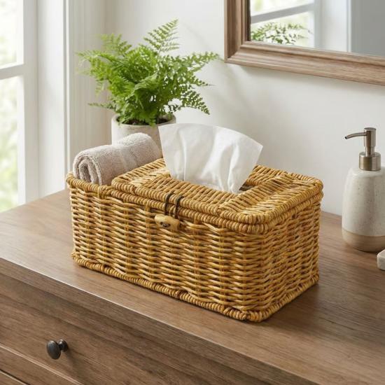 BUFFER® Bölmeli Kapaklı Doğal Rattan Görünümlü Hasır Makyaj, Takı ve Havlu Düzenleyici – Peçetelikli Çok Amaçlı Masaüstü Organizer Sepet