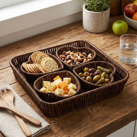 BUFFER® 5 Parça,4 Kalp Formlu Plastik Rattan Sunum ve Kahvaltı Seti-Bölmeli Çerezlik ve Meyvelik-Doğal Hasır Görünümlü Tepsi ve Sunum Tabakları