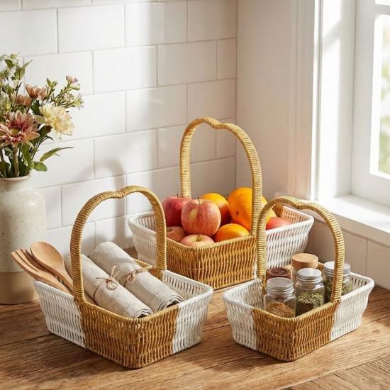 BUFFER® İç İçe Geçebilen 3’lü Çift Renkli Dikdörtgen Formlu Kalp Saplı Plastik Rattan Sepet Seti – Hasır Görünümlü Çok Amaçlı Organizerler
