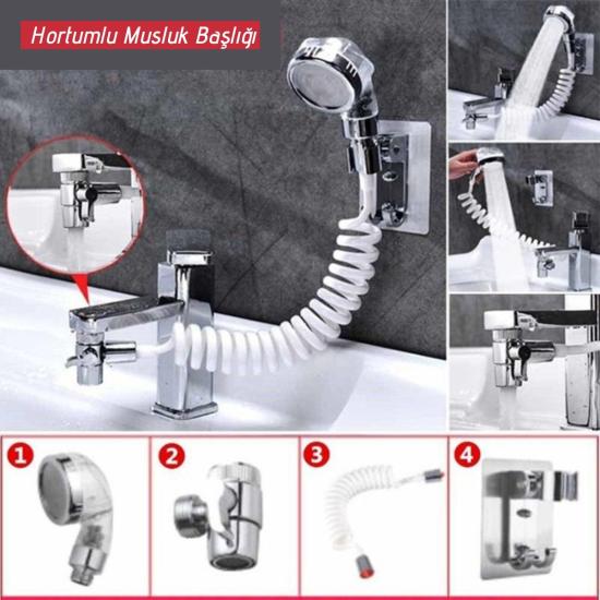 BUFFER® 2 in 1 Spiral Hortumlu Ayarlanabilir Hareketli Banyo Mutfak Lavabo Musluk Duş Başlığı