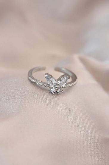 Mey İthalat® Ayarlamalı Gümüş Renk Metal Zirkon Taş ve Kristal Taşlı Kelebek Model Yüzük