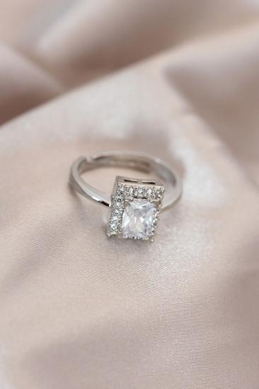 Mey İthalat® Ayarlamalı Silver Renk Metal Zirkon ve Kristal Taşlı Dikdörtgen Model Yüzük