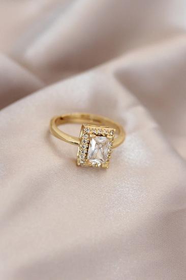 Mey İthalat® Ayarlamalı Gold Renk Metal Zirkon ve Kristal Taşlı Dikdörtgen Model Yüzük