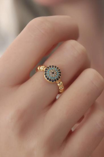 Mey İthalat® Gold Renk Nazar Boncuk Figür Zirkon Taş Detay Kadın Yüzük