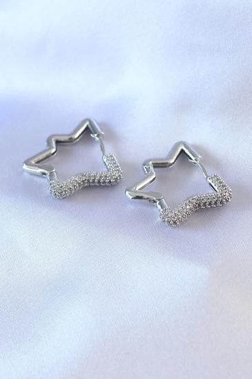 Mey İthalat® Gümüş Renk Yıldız Model Zirkon Taşlı Pirinç Kadın Küpe