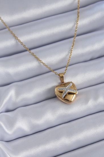 Mey İthalat® 316L Çelik Gold Renk Zirkon Detay Kalp Model Kadın Kolye