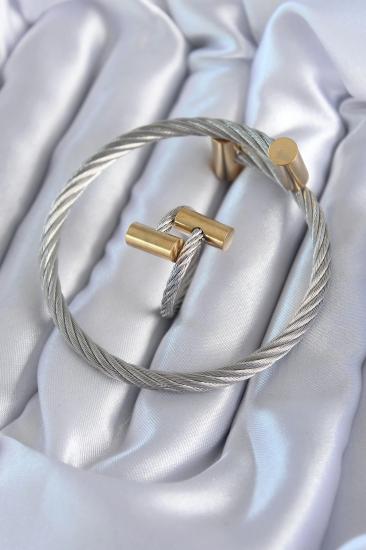 Mey İthalat® 316L Çelik Gümüş Renk Gold Detay Sarmal Model Erkek Bileklik Yüzük Kombini