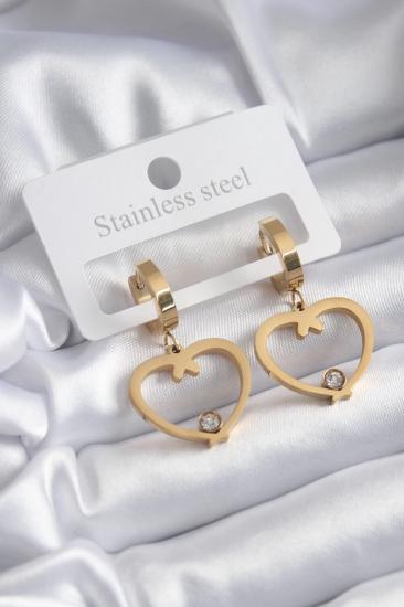 Mey İthalat® 316L Çelik Gold Renk Kalp Model Zirkon Taş Detay Kadın Küpe