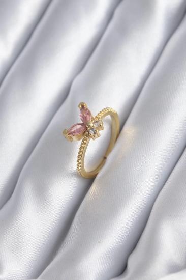 Mey İthalat® Gold Renk Pembe Zirkon Taşlı Kelebek Model Kadın Yüzük