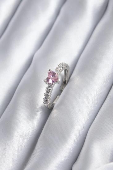 Mey İthalat® Gümüş Renk Zirkon Taşlı Pembe Kristal Kalp Model Kadın Yüzük