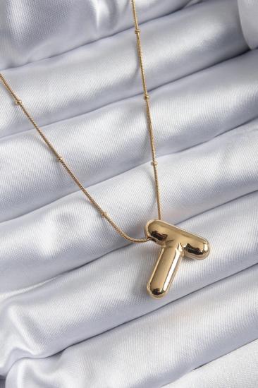 Mey İthalat® 316L Çelik Gold Renk Bubble ’’T’’ Harf Model Kadın Kolye