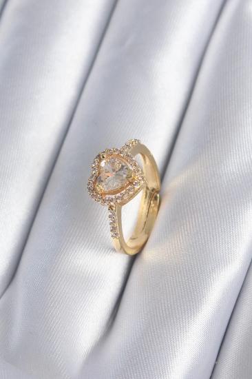 Mey İthalat® Pirinç Gold Renk Zirkon Taşlı Kalp Charm Model Kadın Yüzük