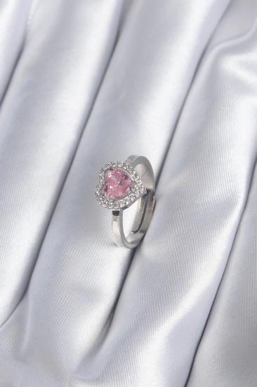 Mey İthalat® Pirinç Gümüş Renk Pembe Zirkon Taşlı Charm Model Kadın Yüzük