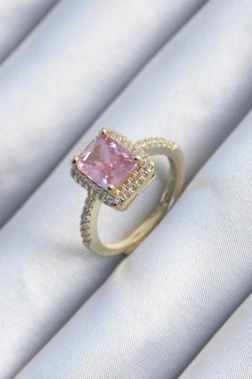 Mey İthalat® Pirinç Gold Renk Pembe Zirkon Taşlı Kadın Yüzük