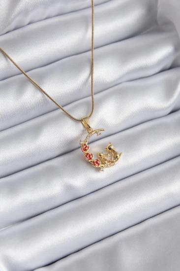 Mey İthalat® 316L Çelik Gold Renk Hilal Kedi Model Zirkon Taşlı Detay Kadın Kolye
