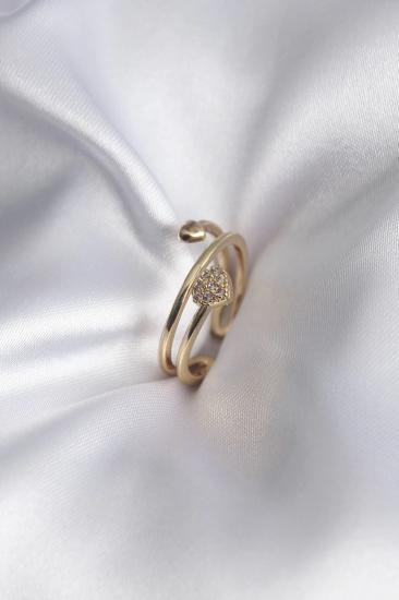 Mey İthalat® Pirinç Gold Renk Zirkon Taş Detay Kalp Model Kadın Yüzük