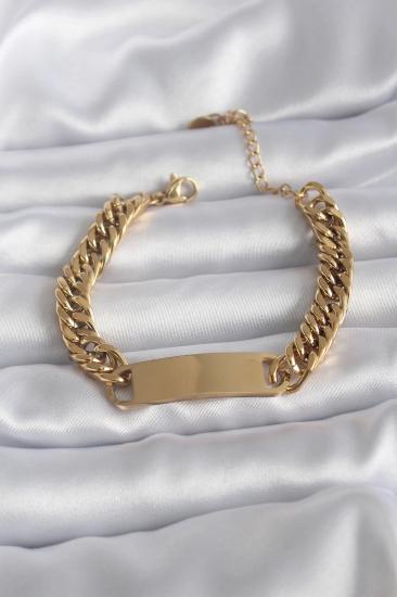 Mey İthalat® 316L Çelik Gold Renk İsim Yazılabilir Plaka Model Kadın Bileklik