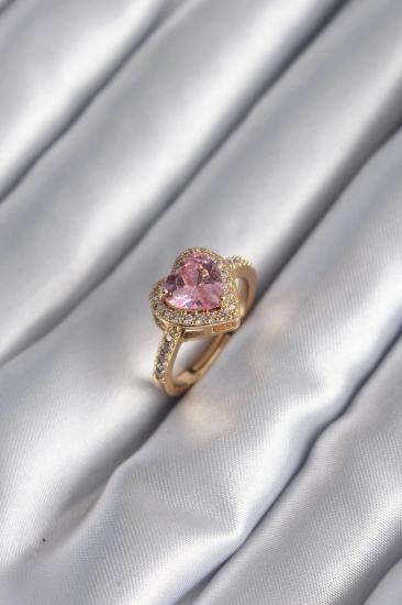 Mey İthalat® Pirinç Gold Renk Pembe Zirkon Taşlı Charm Kalp Model Kadın Yüzük