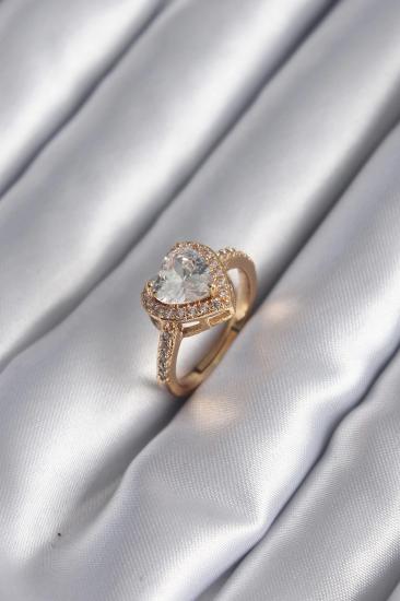 Mey İthalat® Pirinç Gold Renk Zirkon Taşlı Kalp Charm Model Kadın Yüzük
