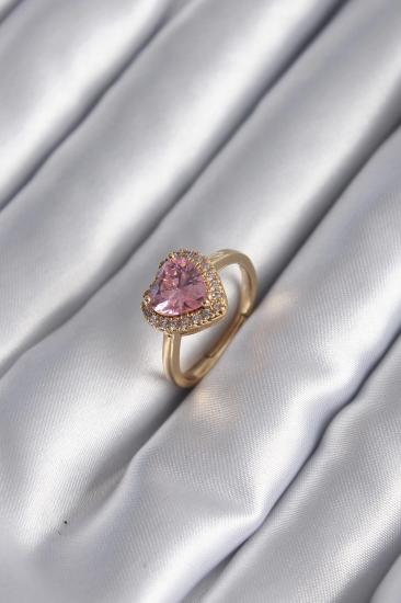 Mey İthalat® Pirinç Gold Renk Pembe Zirkon Taş Kalp Charm Model Kadın Yüzük
