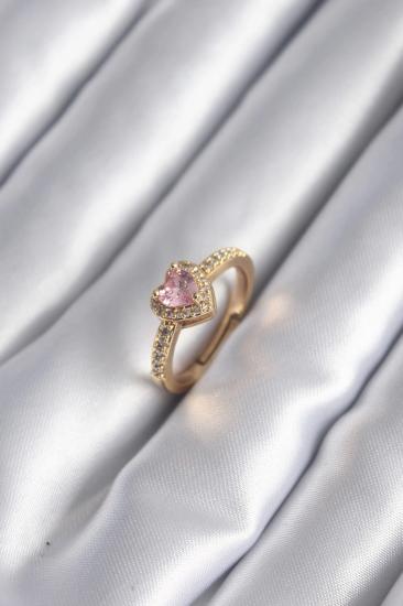 Mey İthalat® Pirinç Gold Renk Pembe Zirkon Taş Kalp Charm Model Kadın Yüzük
