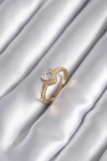 Mey İthalat® Pirinç Gold Renk Zirkon Taşlı Kalp Charm Model Kadın Yüzük