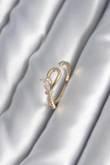 Mey İthalat® Pirinç Gold Renk Zirkon Taş Detay Kurdele Model Kadın Yüzük