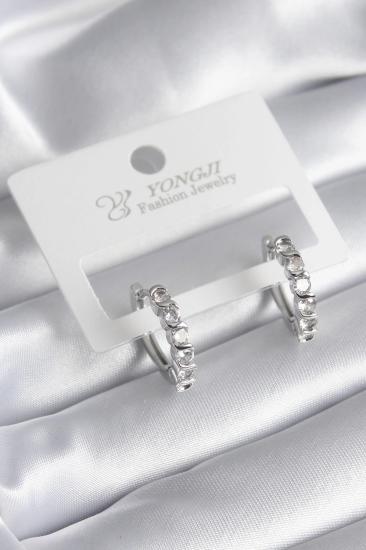 Mey İthalat® Pirinç Gümüş Renk Zirkon Taşlı Halka Model Kadın Küpe