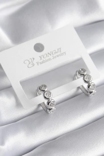Mey İthalat® Pirinç Gümüş Renk Zirkon Taşlı Kadın Küpe