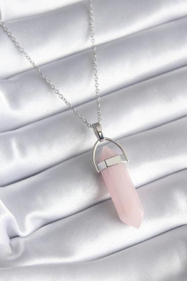 Mey İthalat® 316L Çelik Gümüş Renk Pembe Taşlı Kadın Kolye