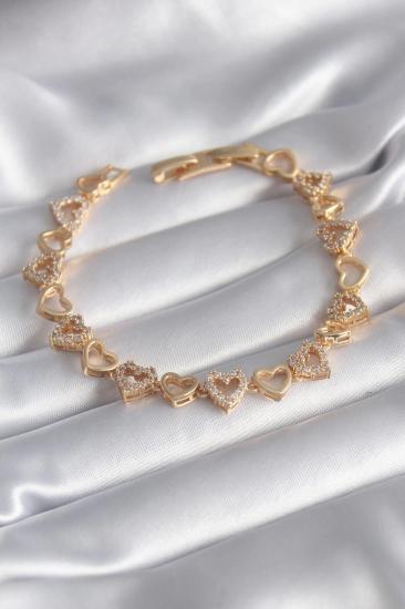 Mey İthalat® Pirinç Gold Renk Zirkon Taşlı Kalp Model VIP Seri Kadın Bileklik
