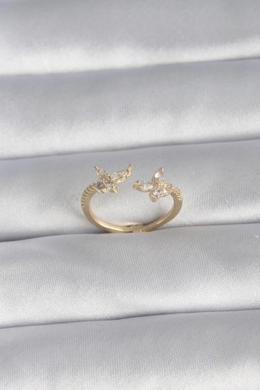 Mey İthalat® Pirinç Gold Renk Zirkon Taşlı Kelebek Model Kadın Yüzük