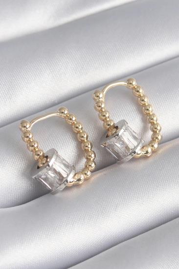 Mey İthalat® Pirinç Gold Renk Top Model Gümüş Renk Zirkon Taşlı Kadın Küpe