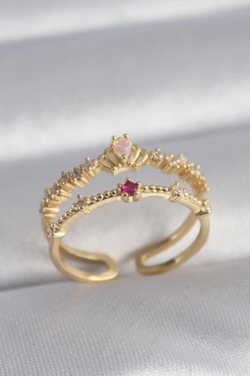 Mey İthalat® Pirinç Gold Renk Zirkon Taşlı Taç Model Kadın Yüzük
