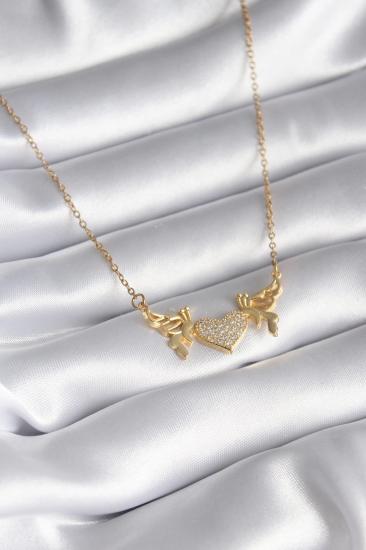 Mey İthalat® 316L Çelik Gold Renk Zirkon Taşlı Kanatlı Kalp Model Kadın Kolye