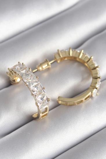 Mey İthalat® Pirinç Gold Renk Zirkon Taşlı Halka Model Kadın Küpe