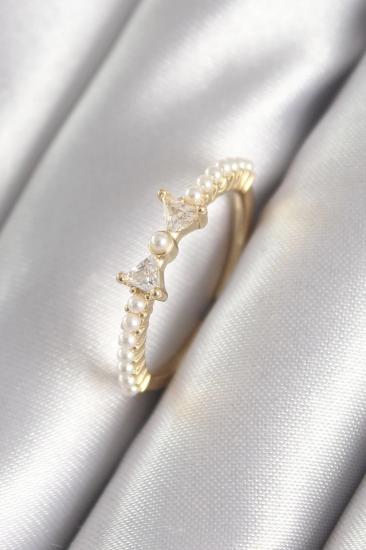 Mey İthalat® Pirinç Gold Renk Zirkon Taşlı Kurdele İnci Detay Kadın Yüzük
