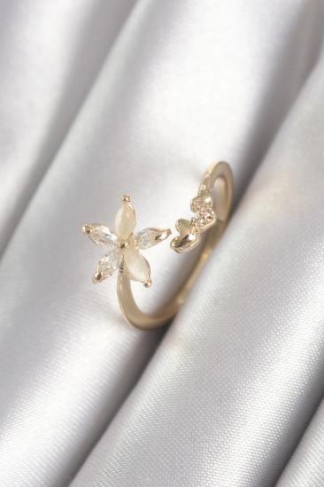 Mey İthalat® Pirinç Gold Renk Zirkon Taşlı Çiçek Model Kalp Detay Kadın Yüzük