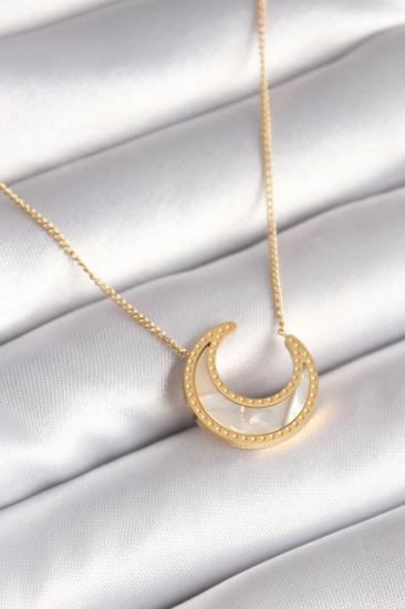 Mey İthalat® 316L Çelik Gold Renk Beyaz Sedefli Hilal Model Kadın Kolye