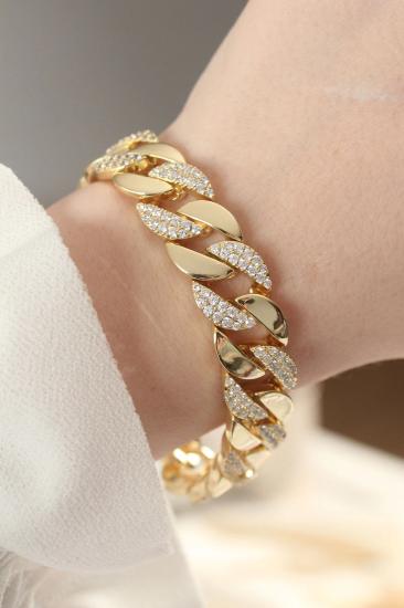 Mey İthalat® Vip Seri Pirinç Zirkon Taşlı Gold Renk Gurmet Bileklik